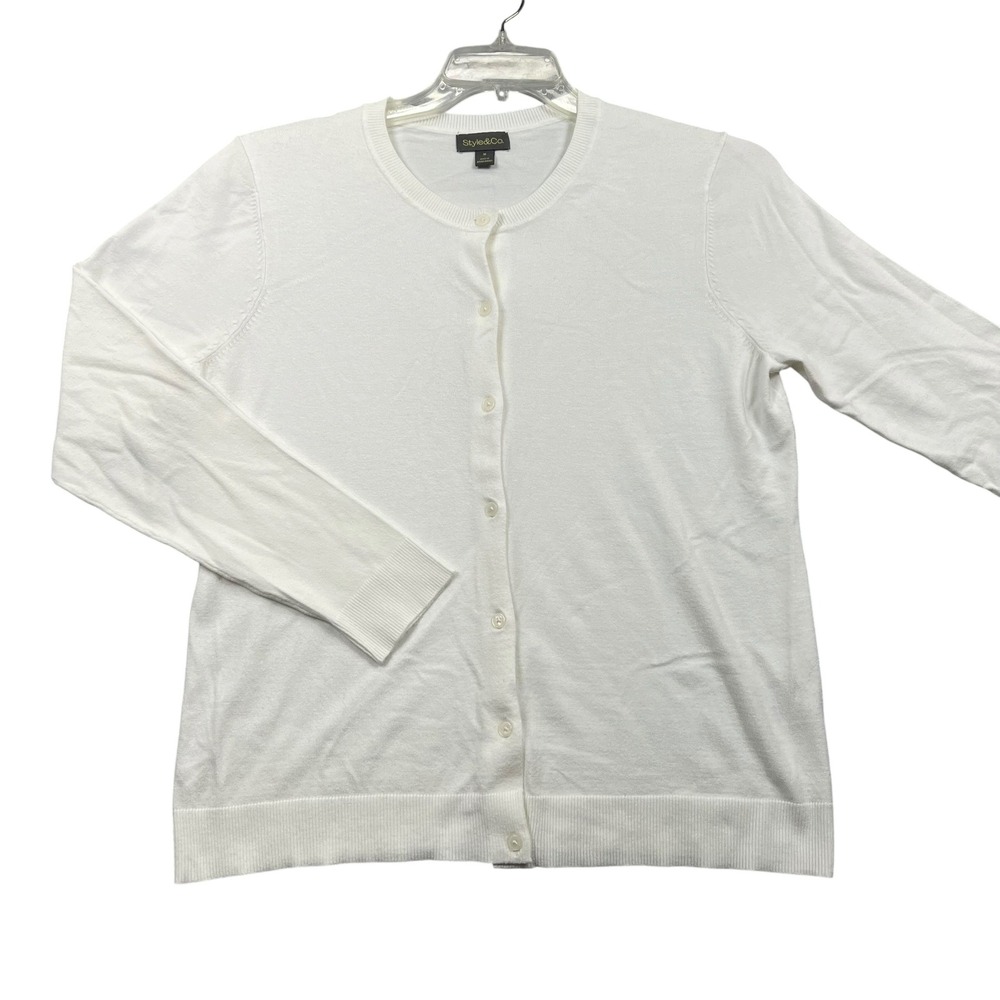 Style & Co Cardigan Women Medium White Button Front Crew Neck WPL8046 Layering